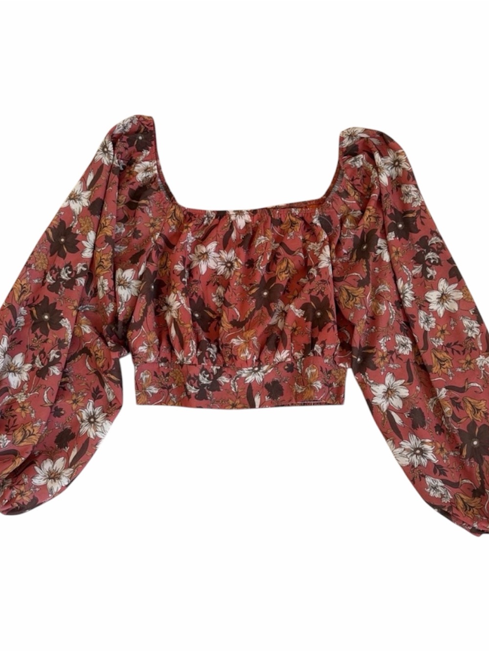 Floral Puff-Sleeve Square-Neck Crop Top in Rust